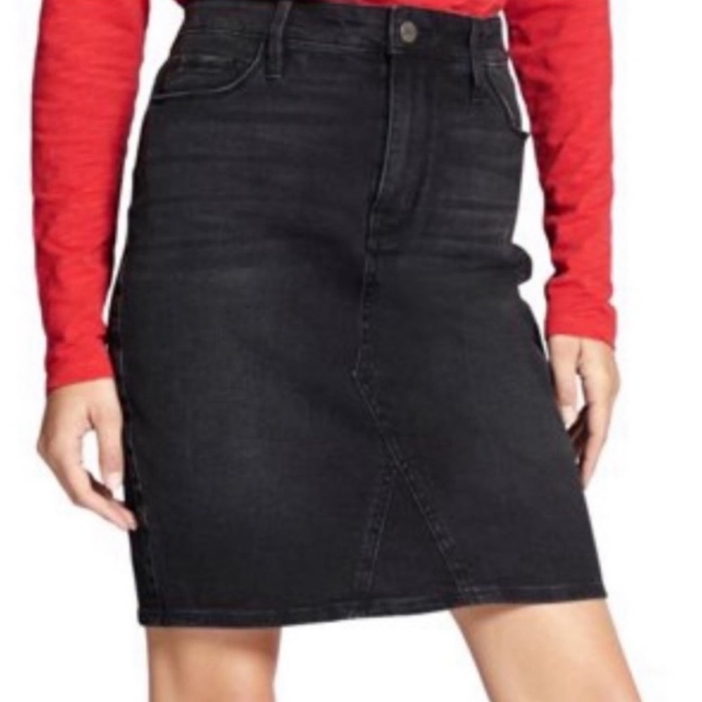 Sanctuary Black Denim Pencil Skirt High Rise Raw Hem Stretch Size 26